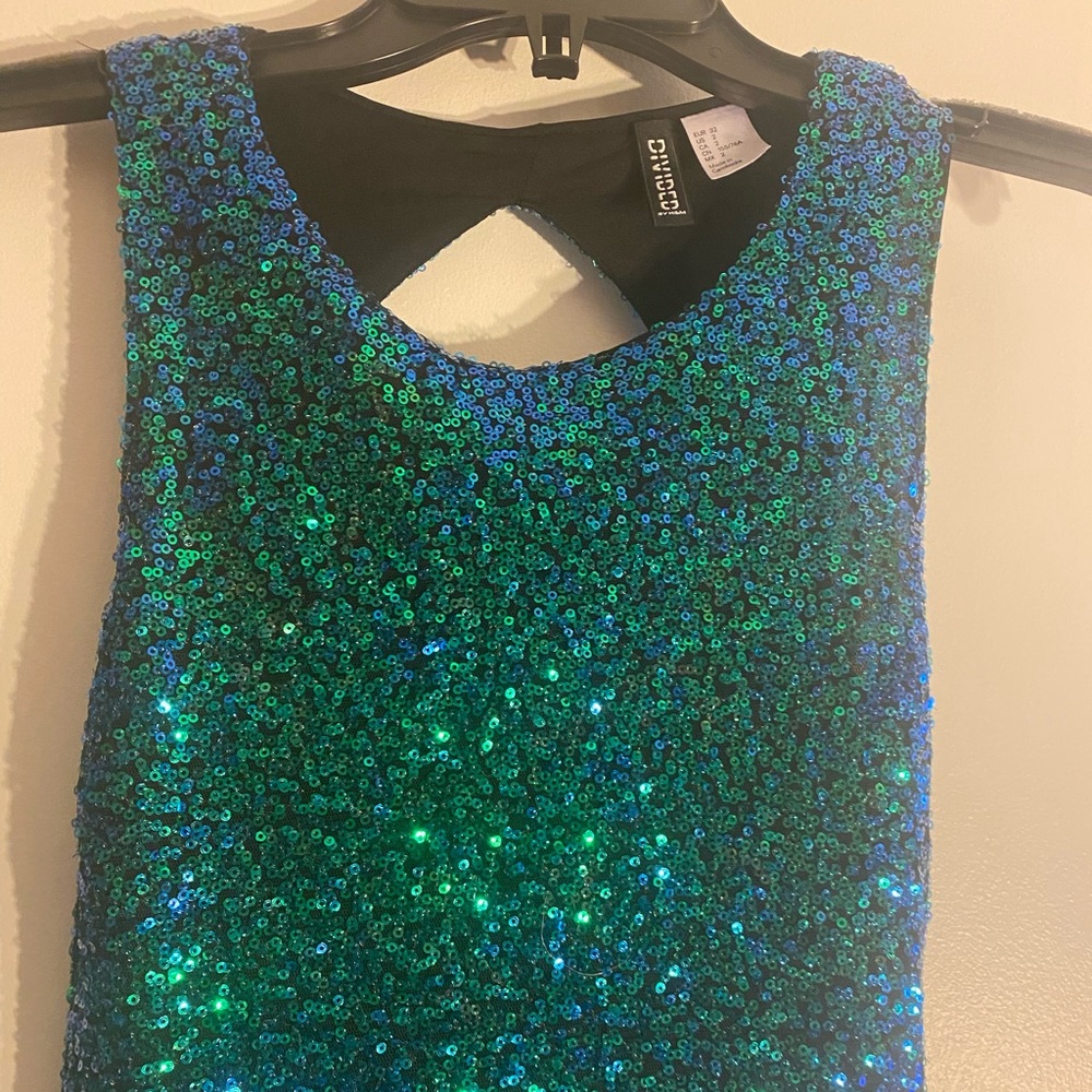 H&M Divided blue/ green metallic sequins bodycon mini Prom Party‎ dress sz 2 - Picture 8 of 12
